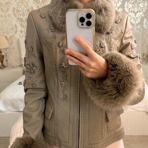 Ebene by Patrick Assuline lamb leather and fox fur jacket, size 1